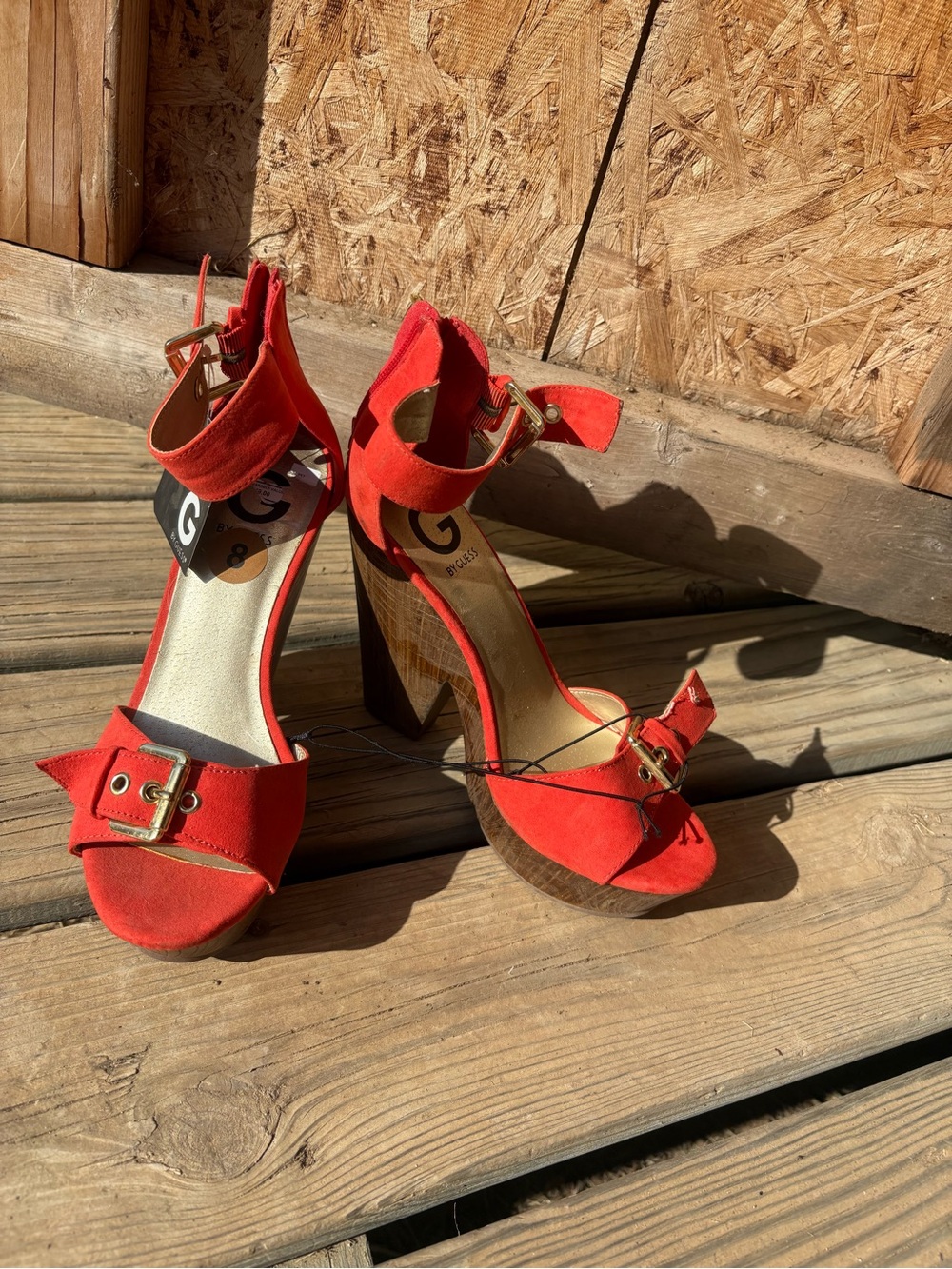 G by Guess Coral-Red Suede Platform Heel Sandals with Buckle